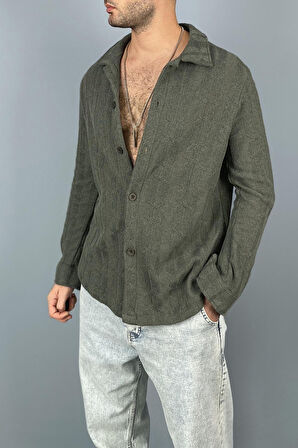 Jakarlı Oversize Triko Örgü Uzun Kol Vizon Gömlek