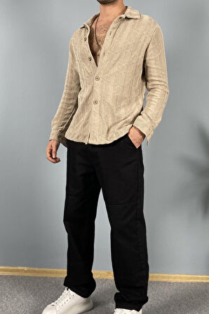 Jakarlı Oversize Triko Örgü Uzun Kol Vizon Gömlek