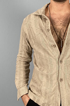 Jakarlı Oversize Triko Örgü Uzun Kol Vizon Gömlek