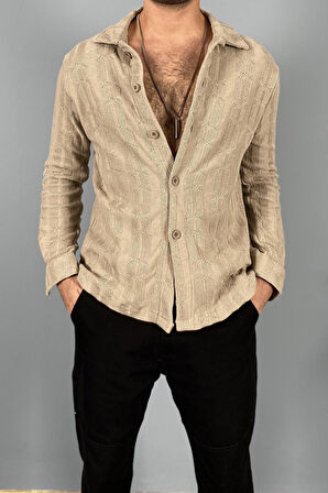 Jakarlı Oversize Triko Örgü Uzun Kol Vizon Gömlek