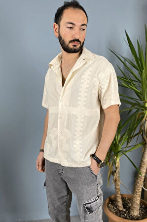 Örgü İşlemeli Bej Renk Tasarım Gömlek