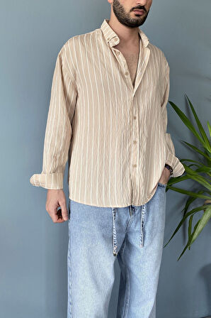 Kırışıklı Kumaş Çizgili Vizon Gömlek