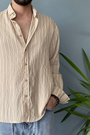 Kırışıklı Kumaş Çizgili Vizon Gömlek
