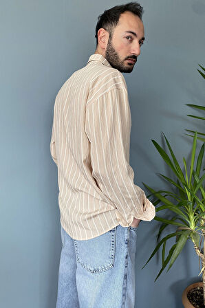 Kırışıklı Kumaş Çizgili Vizon Gömlek