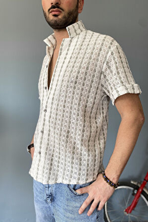 Örgü Çizgili Kısa Kollu Jakarlı Yeşil Krem Gömlek