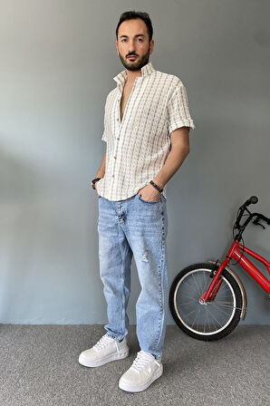 Örgü Çizgili Kısa Kollu Jakarlı Yeşil Krem Gömlek