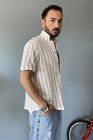 Örgü Çizgili Kısa Kollu Jakarlı Yeşil Krem Gömlek