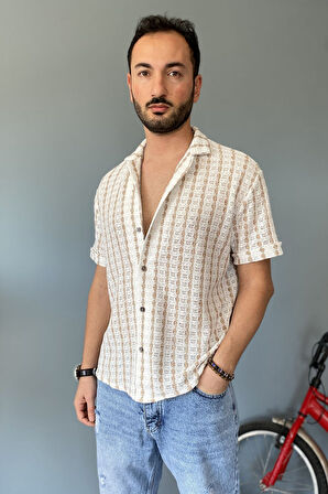 Örgü Çizgili Kısa Kollu Jakarlı Yeşil Krem Gömlek