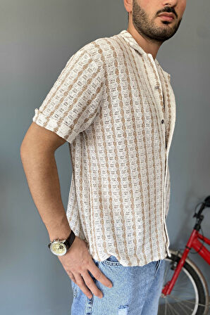 Örgü Çizgili Kısa Kollu Jakarlı Yeşil Krem Gömlek