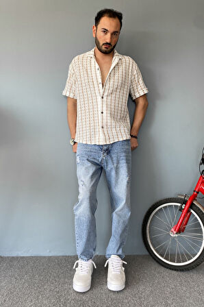 Örgü Çizgili Kısa Kollu Jakarlı Yeşil Krem Gömlek