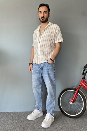 Örgü Çizgili Kısa Kollu Jakarlı Yeşil Krem Gömlek