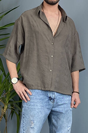 Nakışlı Oversize Asimetrik Kısa Kol Gömlek Haki