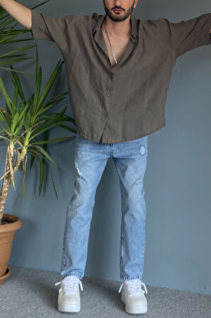 Nakışlı Oversize Asimetrik Kısa Kol Gömlek Haki