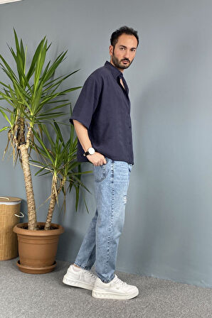 Nakışlı Oversize Asimetrik Kısa Kol Gömlek Haki