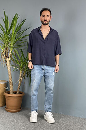 Nakışlı Oversize Asimetrik Kısa Kol Gömlek Haki