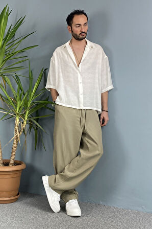 Nakışlı Oversize Asimetrik Kısa Kol Gömlek Haki