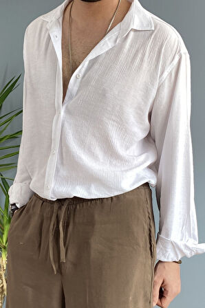 %100 Pamuk Dokulu Keten Oversize Uzun Kol Beyaz Gömlek