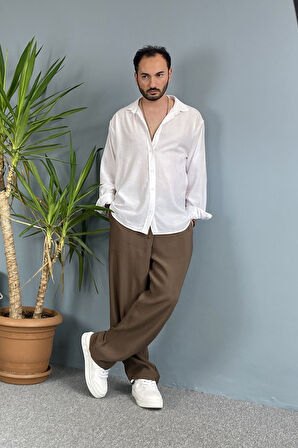 %100 Pamuk Dokulu Keten Oversize Uzun Kol Beyaz Gömlek