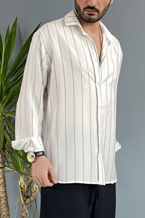 Dokuma Uzun Kol Gri Çizgili Beyaz Gömlek