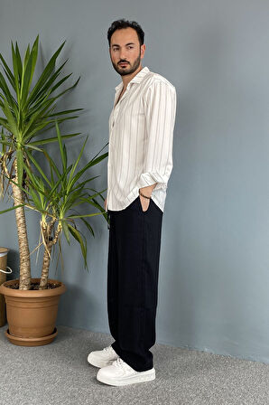 Dokuma Uzun Kol Gri Çizgili Beyaz Gömlek