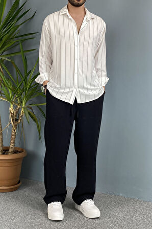 Dokuma Uzun Kol Gri Çizgili Beyaz Gömlek