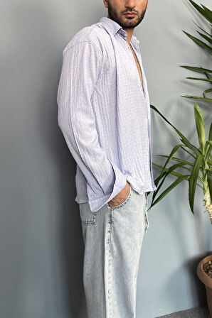 Kırinkıl Kumaş Oversize Yumuşak Dokulu Mavi Gömlek