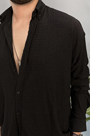 Kırinkıl Kumaş Oversize Yumuşak Dokulu Syah Gömlek