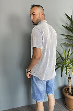 Kısa Kollu Jakarlı Mavi Gömlek