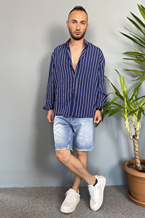 Kırinkıl Kumaş Oversize Yumuşak Dokulu Lacivert Gömlek