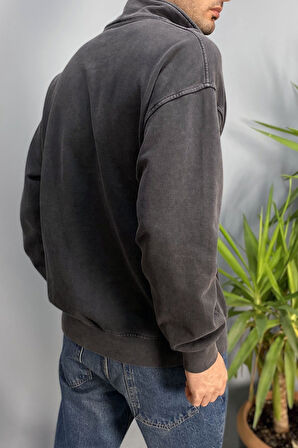 Oversize Dik Yaka Antrasit Yarım Fermuarlı Sweatshirt