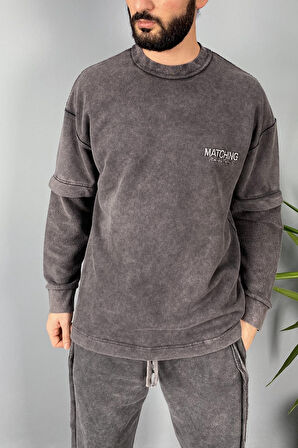 Oversize Antrasit Yıkamalı Üç İplik Eşofman Takımı