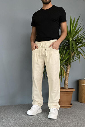 Yazlık Salaş Ekru Keten Pantolon
