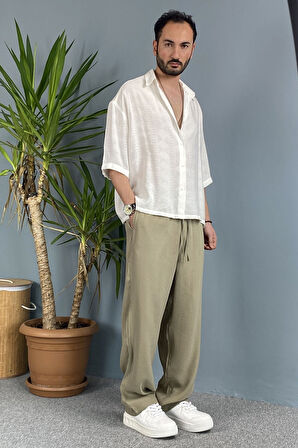 Modal Kumaş Bağcıklı Baggy Pantolon Haki