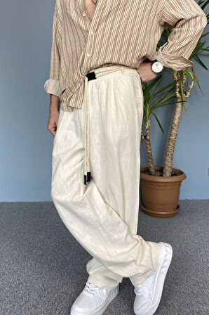 Rahat Kesim Keten Kumaş Bağcıklı Krem Renk Baggy Pantolon