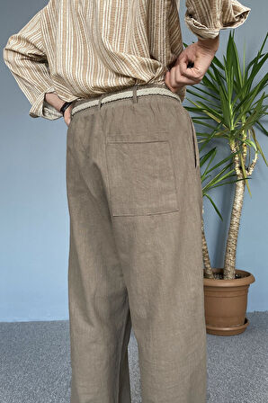 Rahat Kesim Keten Kumaş Bağcıklı Krem Renk Baggy Pantolon