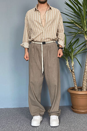 Rahat Kesim Keten Kumaş Bağcıklı Krem Renk Baggy Pantolon