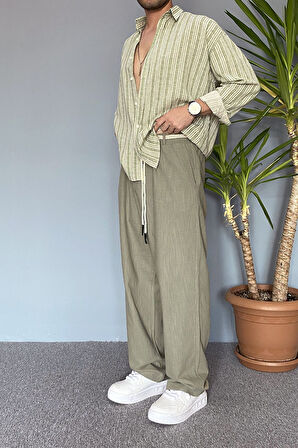 Rahat Kesim Keten Kumaş Bağcıklı Krem Renk Baggy Pantolon