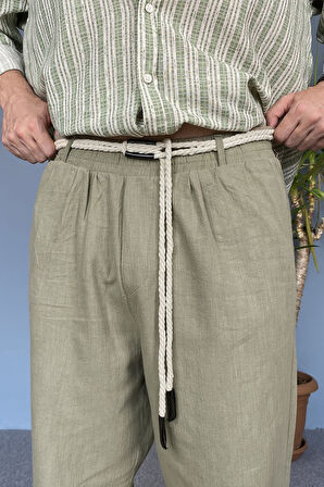 Rahat Kesim Keten Kumaş Bağcıklı Krem Renk Baggy Pantolon