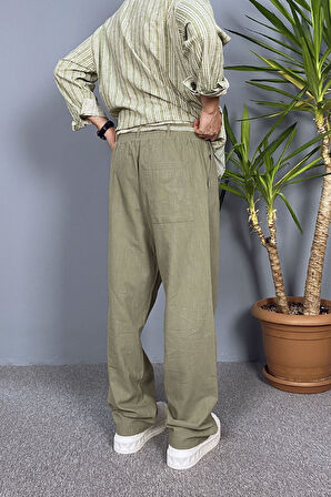 Rahat Kesim Keten Kumaş Bağcıklı Krem Renk Baggy Pantolon