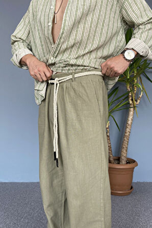 Rahat Kesim Keten Kumaş Bağcıklı Krem Renk Baggy Pantolon