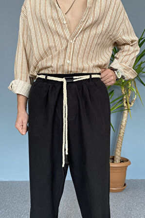 Rahat Kesim Keten Kumaş Bağcıklı Krem Renk Baggy Pantolon