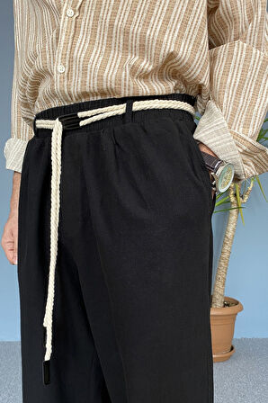 Rahat Kesim Keten Kumaş Bağcıklı Krem Renk Baggy Pantolon