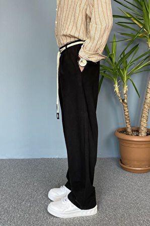 Rahat Kesim Keten Kumaş Bağcıklı Krem Renk Baggy Pantolon