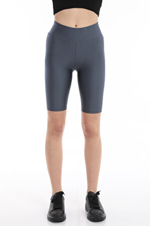 EKSTRA Yüksek Bel Antrasit Diz Üstü Kısa Disco Parlak Tayt