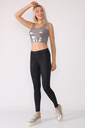 Dar Kesim Zebra Desenli Düşük Bel Siyah Tayt