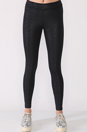 Dar Kesim Zebra Desenli Düşük Bel Siyah Tayt