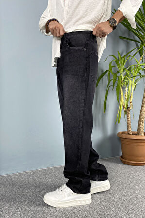 Taşlanmış Siyah Baggy Fit Jean Pantolon