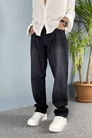 Taşlanmış Siyah Baggy Fit Jean Pantolon