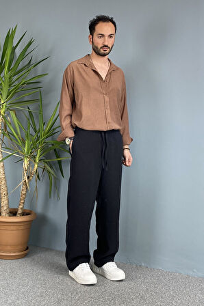 %100 Pamuk Dokulu Keten Oversize Uzun Kol Kahverengi Gömlek