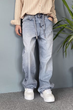 İp Kemerli Rahat Kesim Baggy Kot Pantolon Açık Mavi